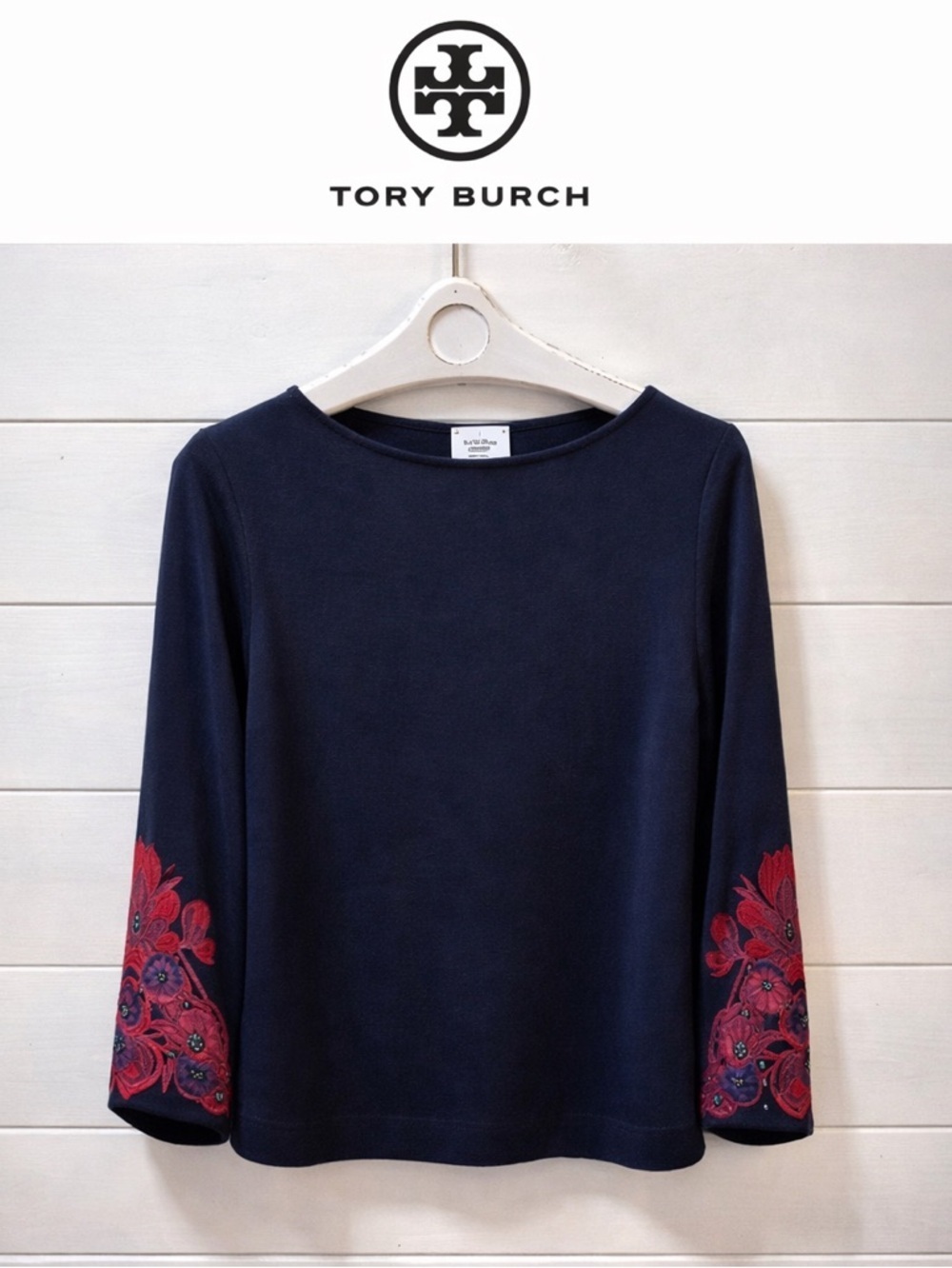 TORY BURCH Navy Floral Sleeve Top M